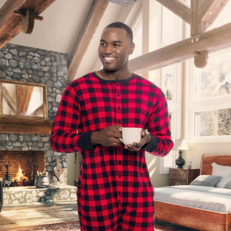 Ross Michaels Men s Buffalo Plaid One Piece Pajamas Adult Union Suit Pajamas with Drop Seat Red Black XX Large
