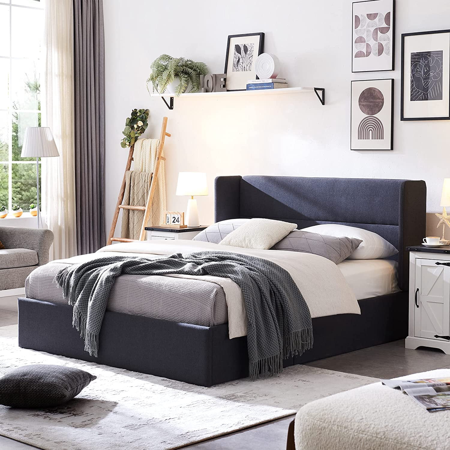 Relax & Rejuvenate Queen Size Lift up Storage Bed, Upholstered Platform Bed Frame with Modern Linen Fabric Wingback Headboard, Wood Slats Support, Noiseless, No Box Spring Needed, Dark Grey