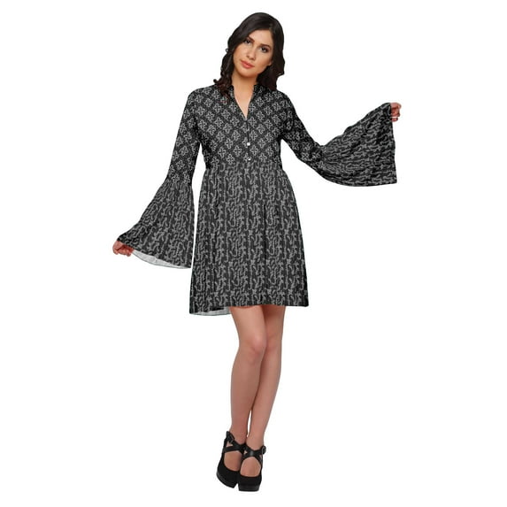 Moomaya Printed Women Mini Long Bell Sleeve Shift Dress Clothing Summer Wear