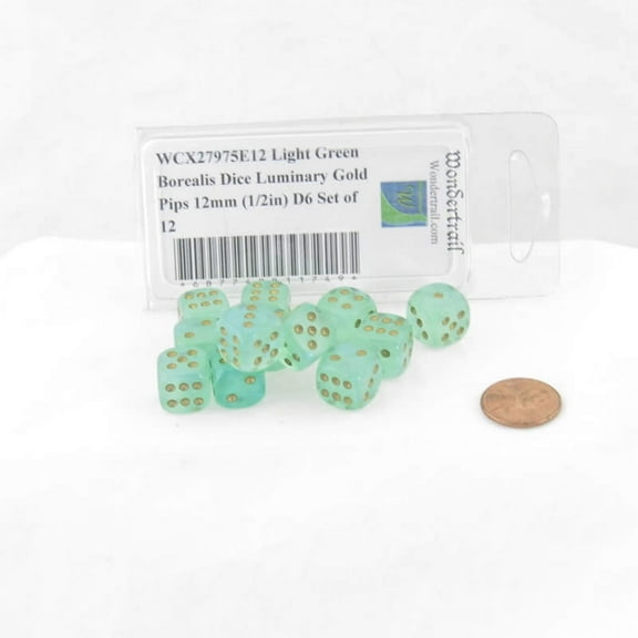 Light Green Borealis Dice Luminary with Gold Pips 12mm (1/2in) D6 Set of 12 Wondertrail