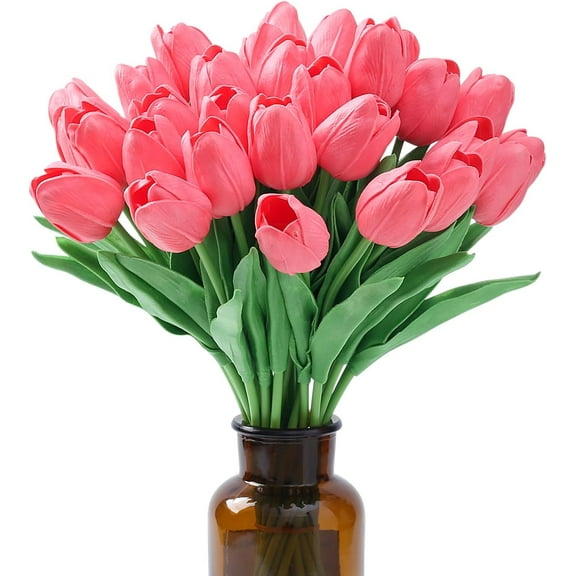 Tulips Fake Pink Artificial Flowers Real Touch " Silk Flower for Home Decor Mother's Day Spring Wedding Bouquet Decorations Floral Arrangements(Fluorescent Pink)