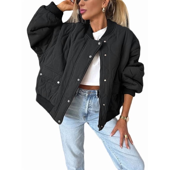 Women'S Quilted Jacket Oversized Solid Color Long Sleeve Zip Up Casual Jacket with Pockets Black S