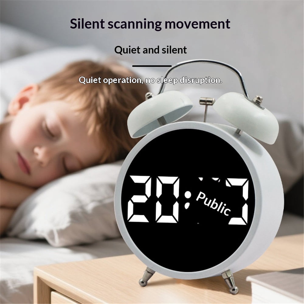 Digital Small Alarm Clock, Double Bell Electronic LED Alarm Clock, Plug in or Battery Operated Silent Metal Table Clock, Bedside Loud Bell Clock for Heavy Sleepers Adults Kids (White)