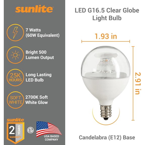 PYYAN-G16.5 Light Bulb LED, 7 Watts (60W Equiv.), 500 Lumens, Dimmable, Type G Globe Shape E12 Candelabra Base, Short Bulbs, Vanity Mirror Bulbs, 2700K Soft White, Clear, 3 Count