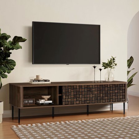 LuxenHome Dark Oak with Basket Weave Design Manufactured Wood 2-Sliding Door TV Console Cabinet