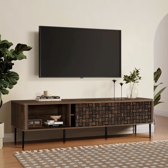 LuxenHome Dark Oak with Basket Weave Design Manufactured Wood 2-Sliding Door TV Console Cabinet