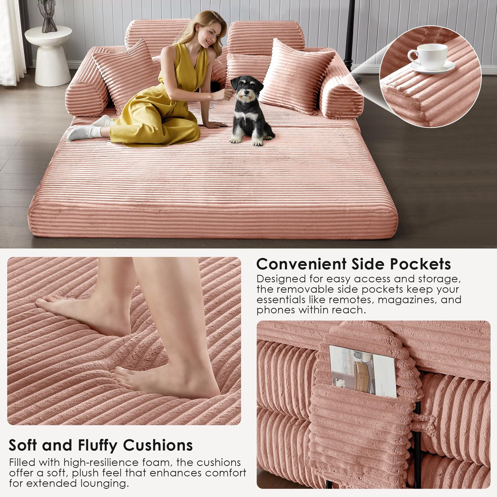 Howcool Convertible Sleeper Sofa Bed, 78.5" Corduroy Foldable Loveseat Sofa, Boneless Memory Foam Couch Bed for Living Room, Queen to King Size Sofa, No Assembly Required, Compression Sofa,Pink