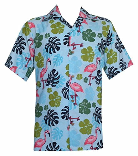 Hawaiian Shirt 37 Mens Flamingo Leaf Print Beach Aloha Party Aqua Blue ...