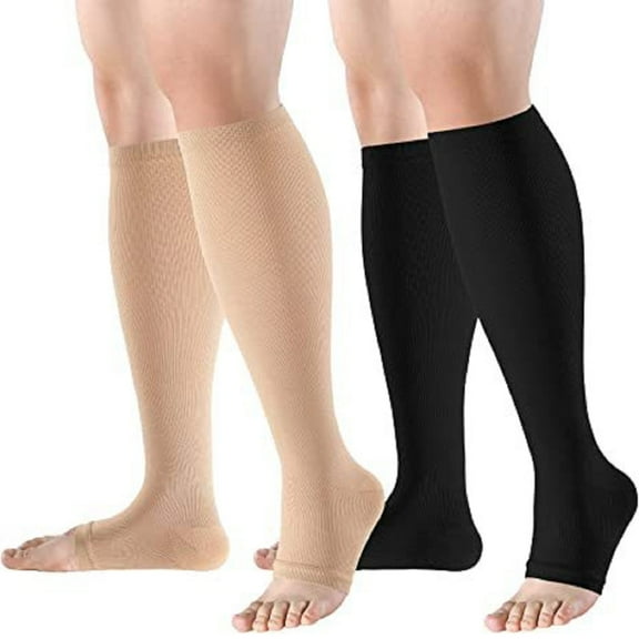 SZDUDU 2 Pairs Knee High Compression Socks for Women and Men 15-20 mmHg, Open Toe Compression Socks for Nurses, Medical, Running, Cycling, Athletic (2XL)