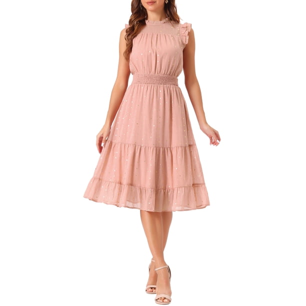 Vestido de gasa sin mangas para mujer Inspire Chic con cintura fruncida y estrellas metálicas doradas, vestido de fiesta color rosa polvo talla S
