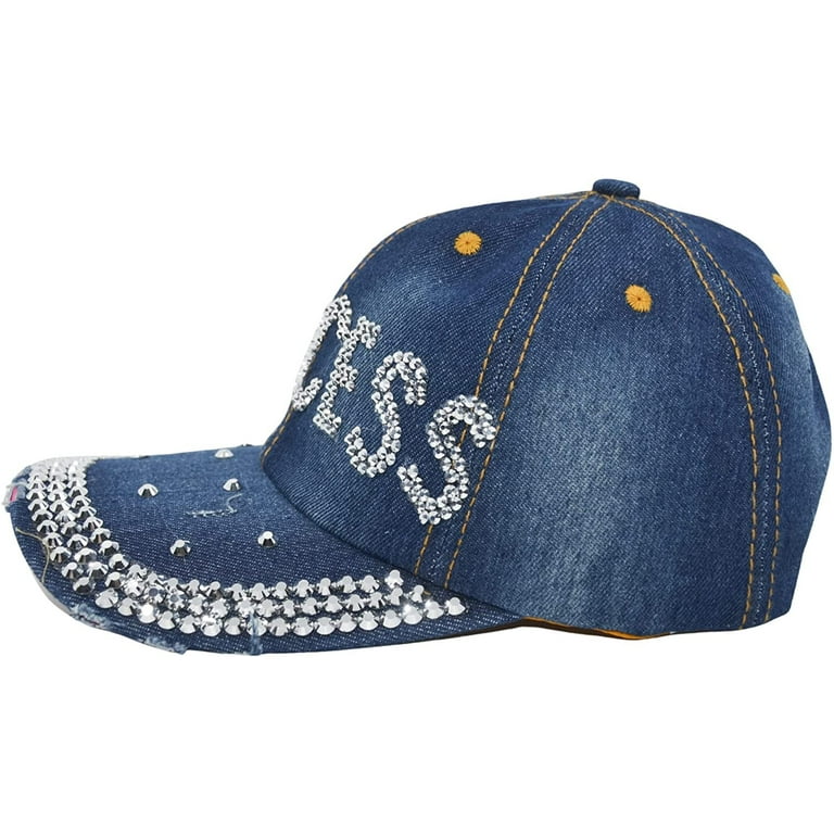 Princess Rhinestone Baseball Cap for Women, Distressed Denim