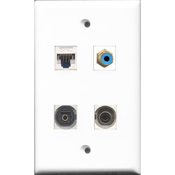RiteAV 1 Port RCA Blue and 1 Port Toslink and 1 Port 3.5mm and 1 Port Cat5e Ethernet White Wall Plate