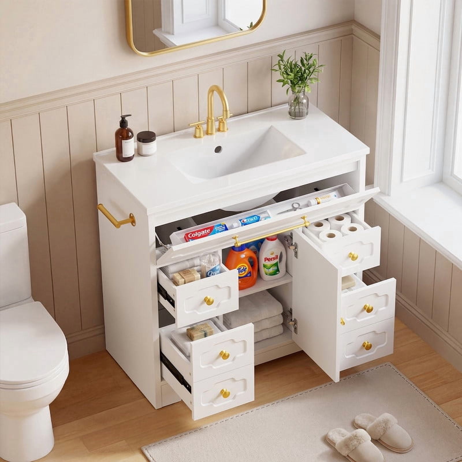 Lacoo 36'' Bathroom Vanity with Ceramic Sink Top, Modern Bathroom Storage Cabinet with Soft Close Drawers, Pre-Drilled Faucet Holes, Freestanding Vanity for Bathroom, White(2 Pack)