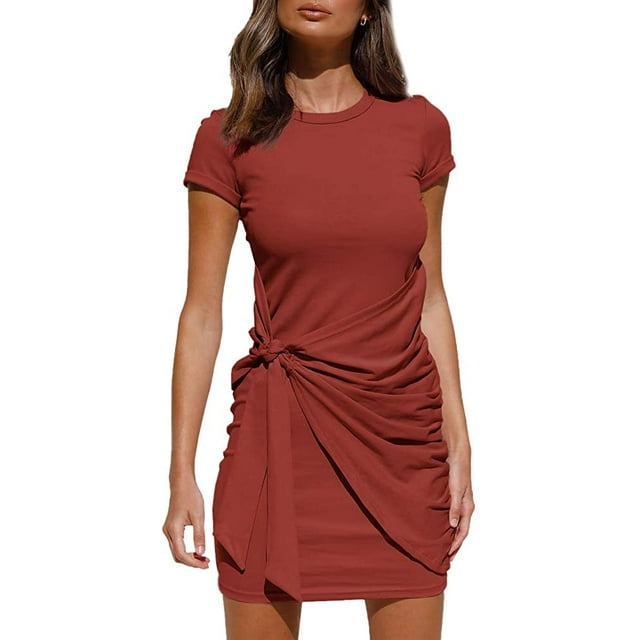 Robe T-Shirt d'Été pour Femme Décontractée à Manches Courtes 2021 Col Ras du Cou Moulante Froncée à Nouer à la Taille Mini Robes
