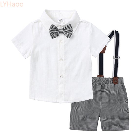 LYHaoo Toddler Kids Baby Boy Outfit Bowtie Dress Shirt Suspenders Shorts Summer Wedding Party Formal Suits Boys Shorts Outfit Set Sizes (2-3 Years)