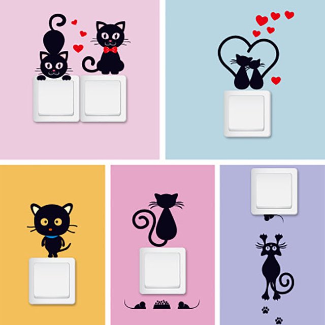 Interruptor de gato negro tamaño pequeño, etiqueta de la pared del interruptor, dos gatos LingWen 8390615237369