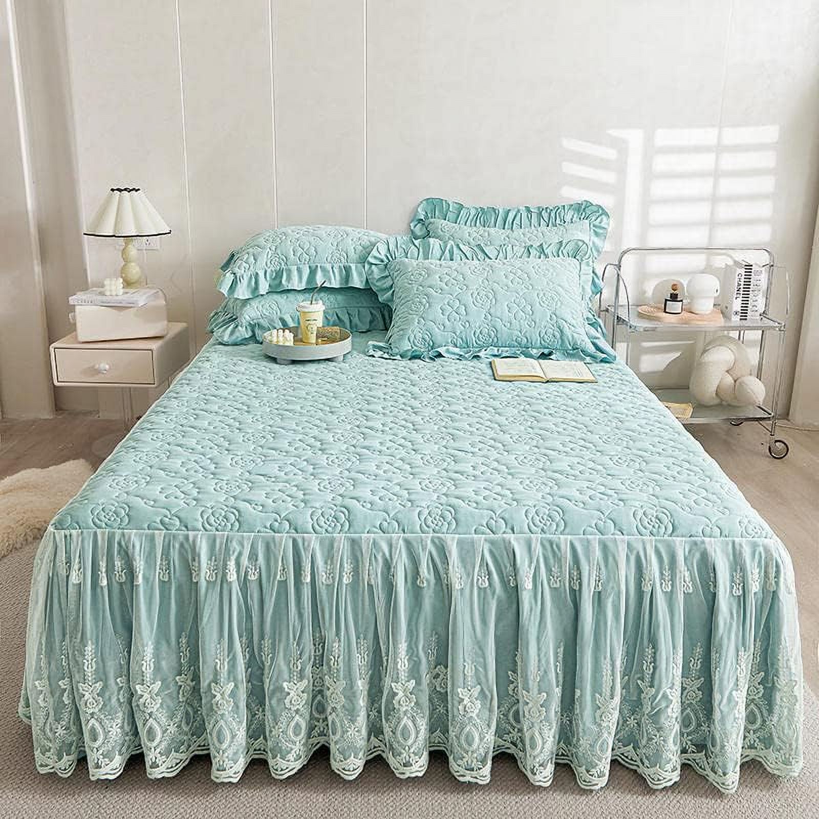 Flower Pattern Quilted Brocade Cotton Bedspread with Lace Ruffled Bed Skirt, Queen Size, Light Turquoise