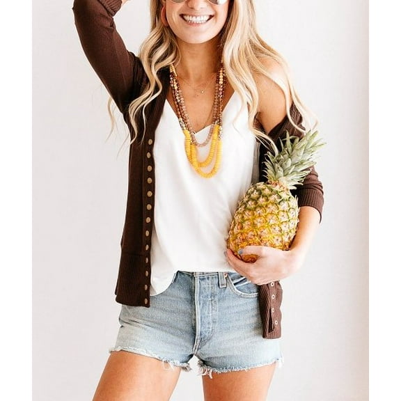 Zenana Outfitters Brown Three Quarter Sleeve Snap Carigan - Small