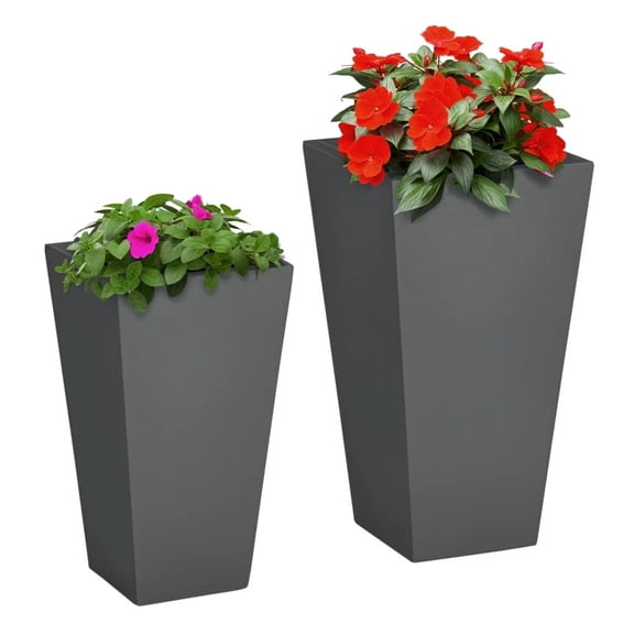 Outdoor Planter 11.75" x 11.75" x 21.75" Trapezoidal Gray Magnesium Oxide Solid Plant Pot with Drainage Holes, Weather Resistant (2 Count)