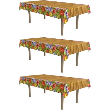 Beistle 3 Piece 54" x 108" Plastic Rectangular Hibiscus Flower Luau Table Covers, Tropical Hawaiian Theme Party Supplies, Celebrating with You Since 1900
