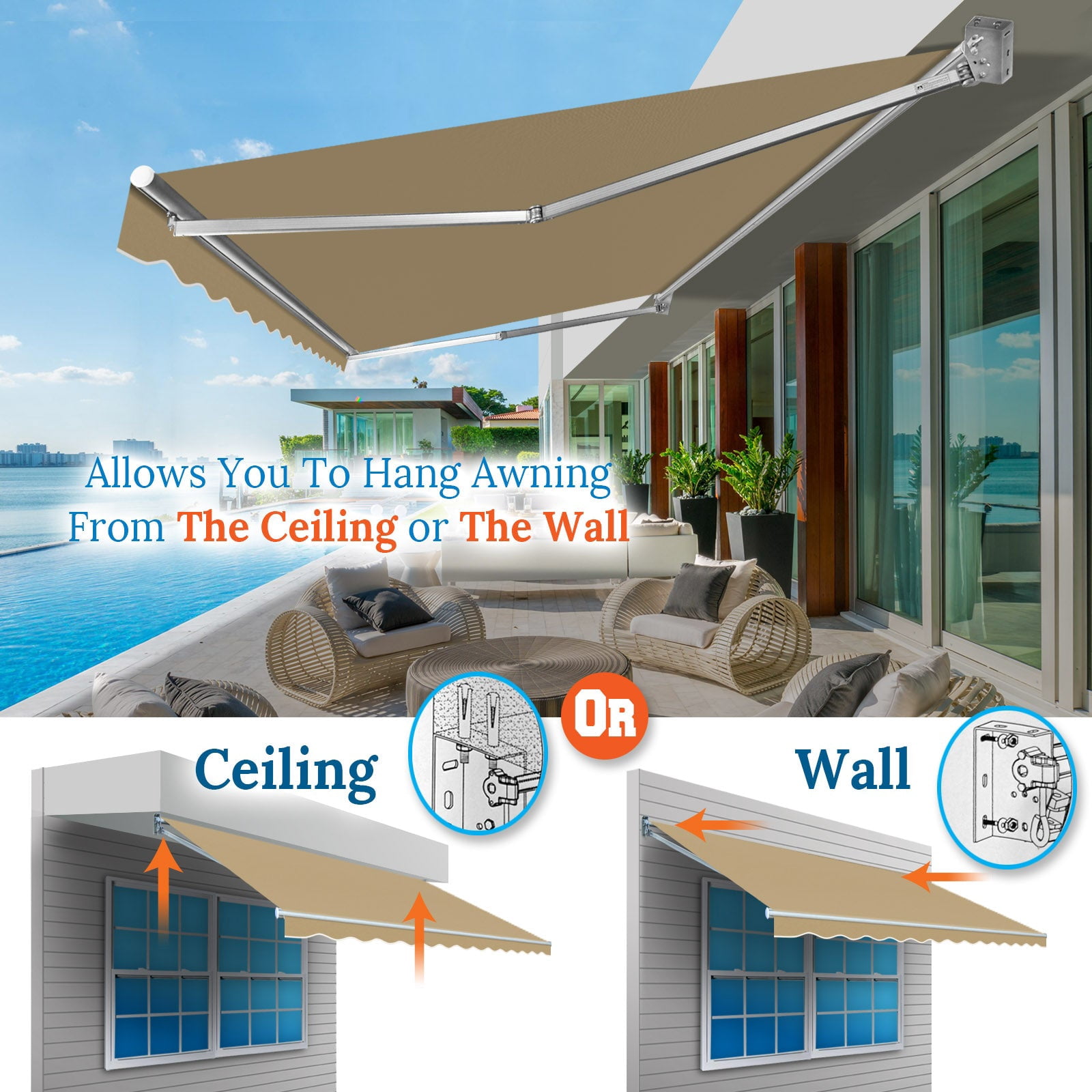 SUNNYOUTDOOR 10x8 FT Patio Awning Retractable Outdoor Sun Shade Manual Patio Deck Awning Heavy Duty Awning (Tan)