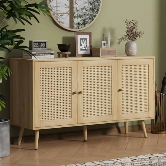 Buffet Cabinet with Storage, 47.2" Rattan Sideboard with Adjustable Shelves, Modern Coffee Bar Credenza for Kitchen, Living Room, Entryway, Dining Room