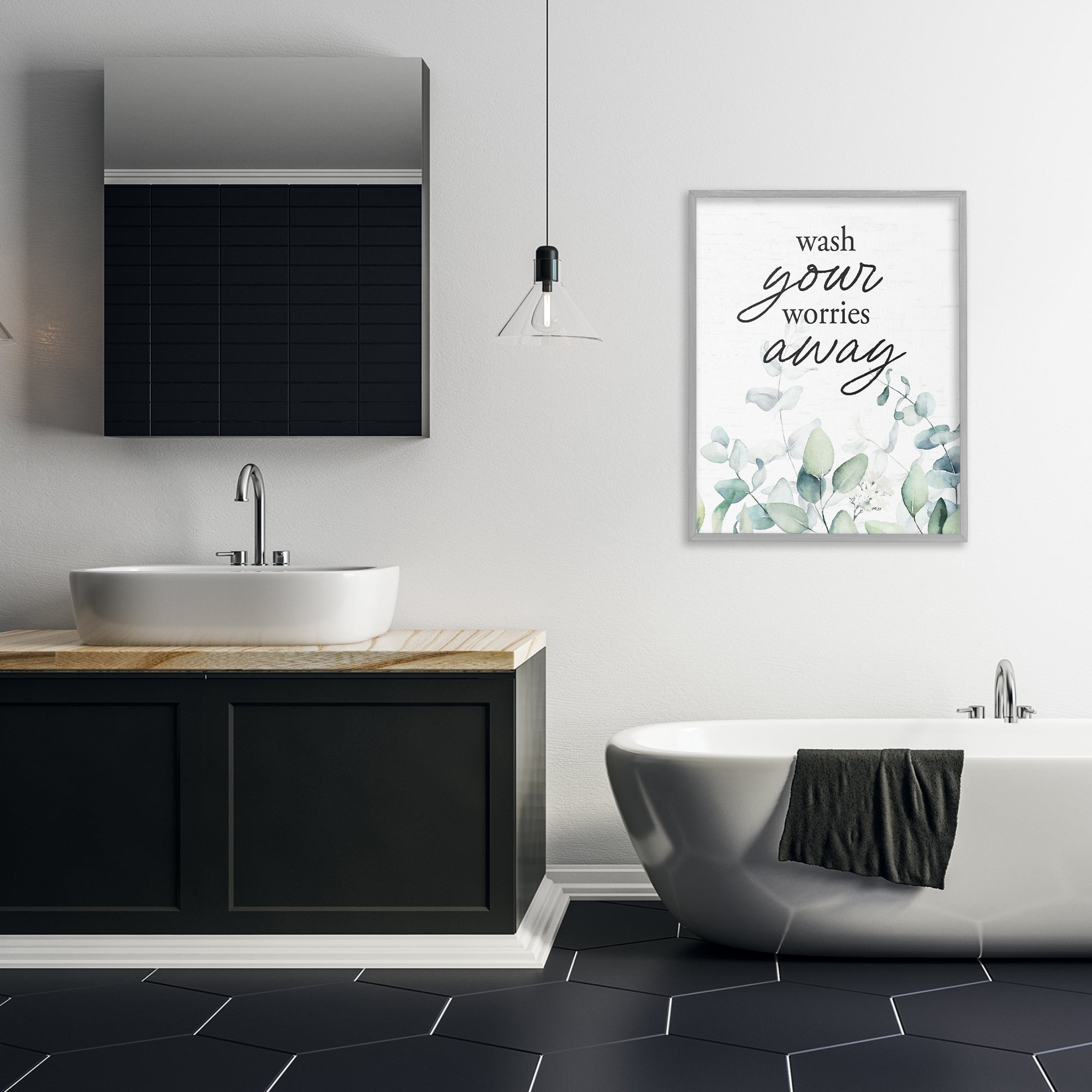 Wash Worries Away Herb Leaves Gray Framed Giclee Art, design by Lettered and Lined