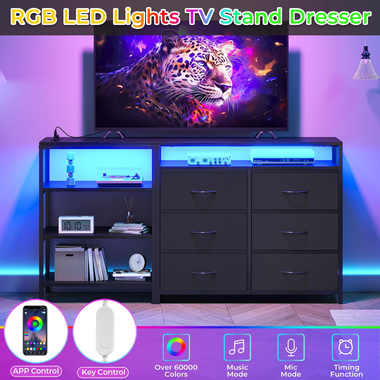 Afuhokles 6 Drawer Dressers for Bedroom with Charging Station and LED Light, 6 PU Drawers, 3 Open Shelves, Black