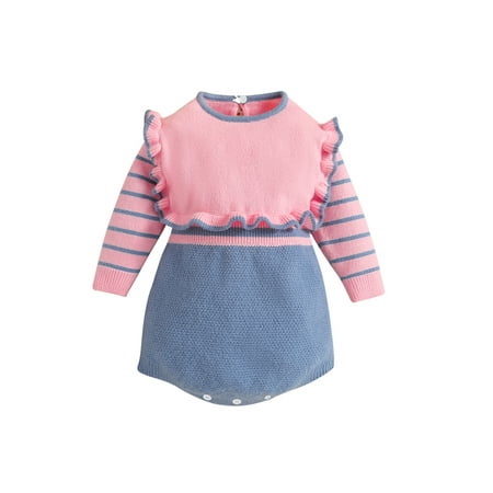 

Qtinghua Newborn Baby Girls Knit Sweater Romper Striped Long Sleeve Jumpsuit Fall Winter Clothes Blue 12-18 Months