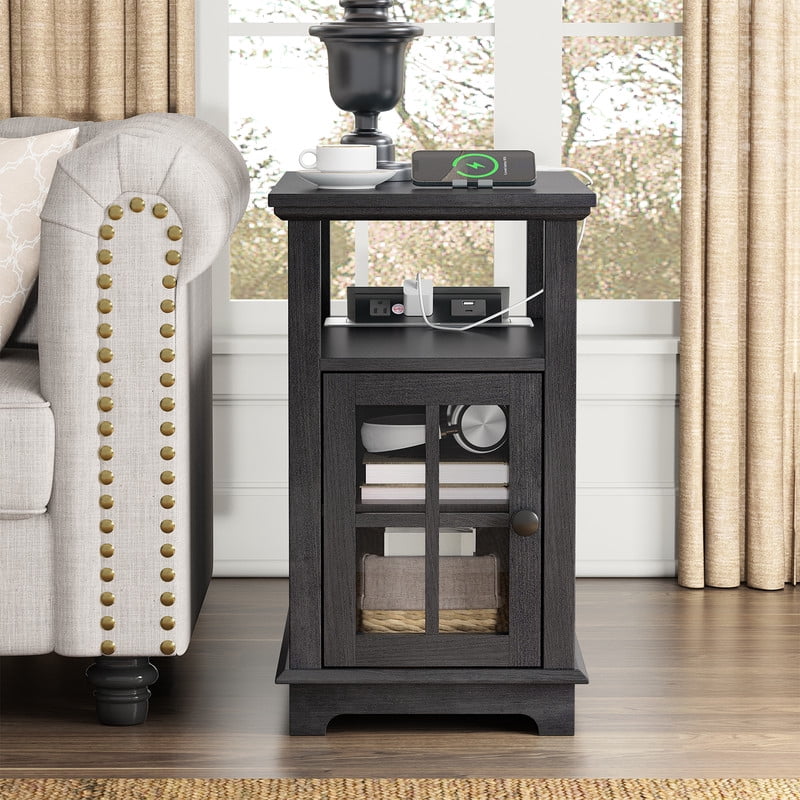PLAMLE End Tables for Living Room with Storage Shelf,Narrow Sofa Side Table Slim Chair Side Table Adjustable Feet End table for Bedroom