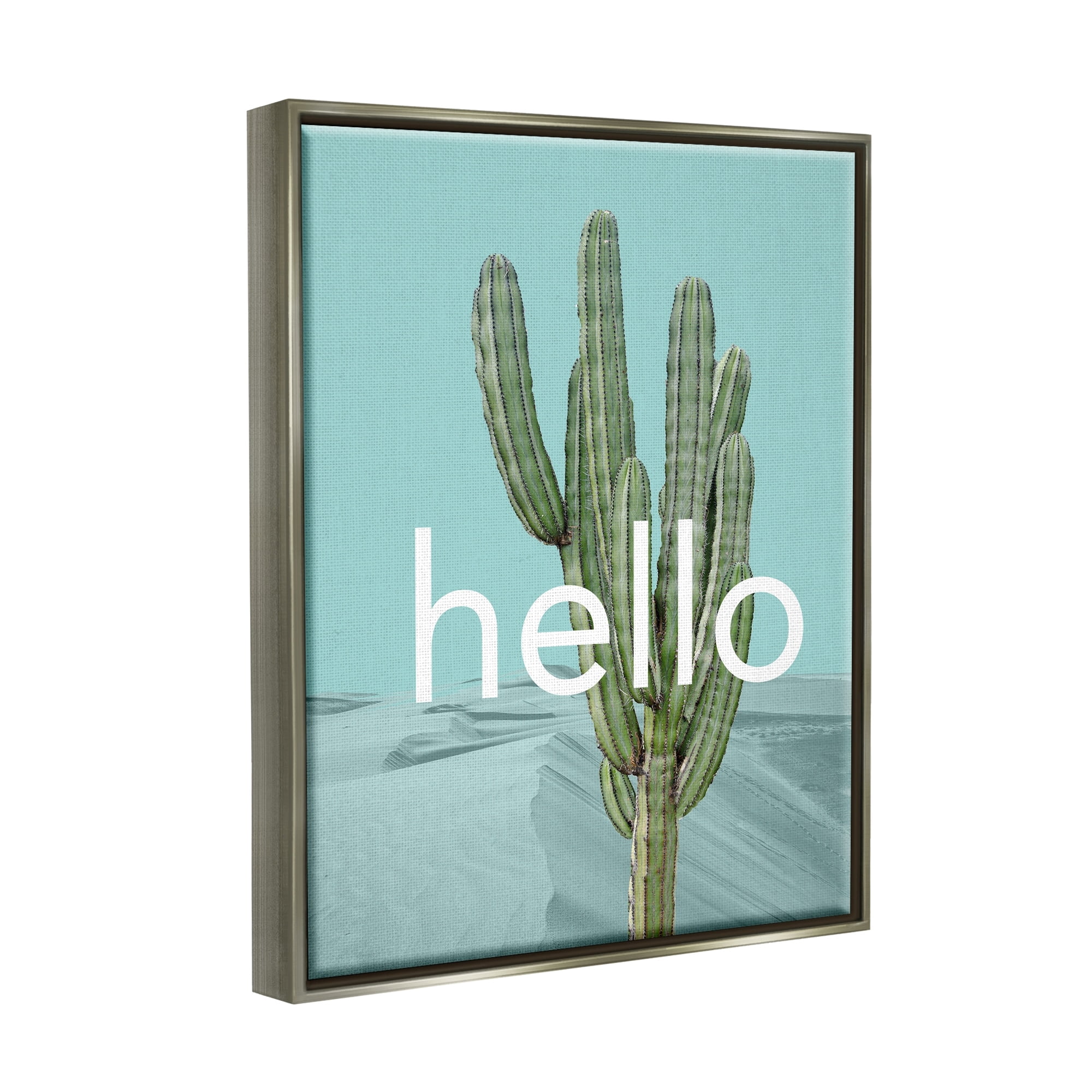 Stupell Industries Bold Hello Cactus Greeting Blue Desert Dunes Graphic Art Luster Gray Floating Framed Canvas Print Wall Art, Design by J. Weiss