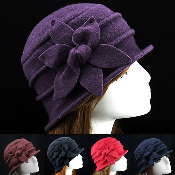 Cheers Flower Decor Felt Hat Solid Color Wool Blend Thick Warm Women Winter  Hat Fashion Accessories