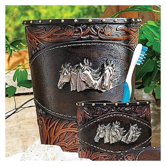Horse Tooled Leather Waste Basket