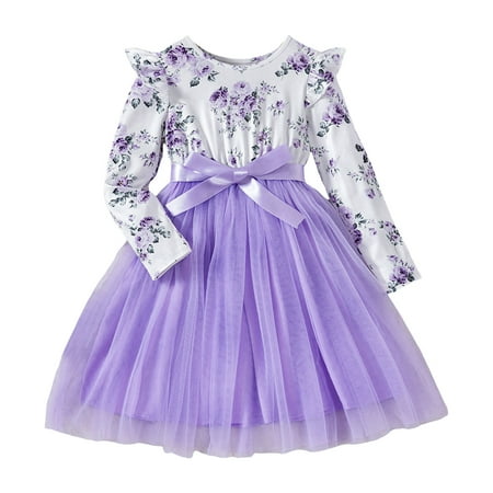 

Girls Party Dress Toddler Girls Long Sleeve Dress Floral Prints Tulle Princess Dresses Overall Skirt Clothing Set Purple 150