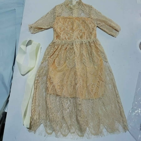 

Huyghdfb Girls Princess Dress with Waist Band 3/4 Sleeve Hollowed-out Lace Sundress