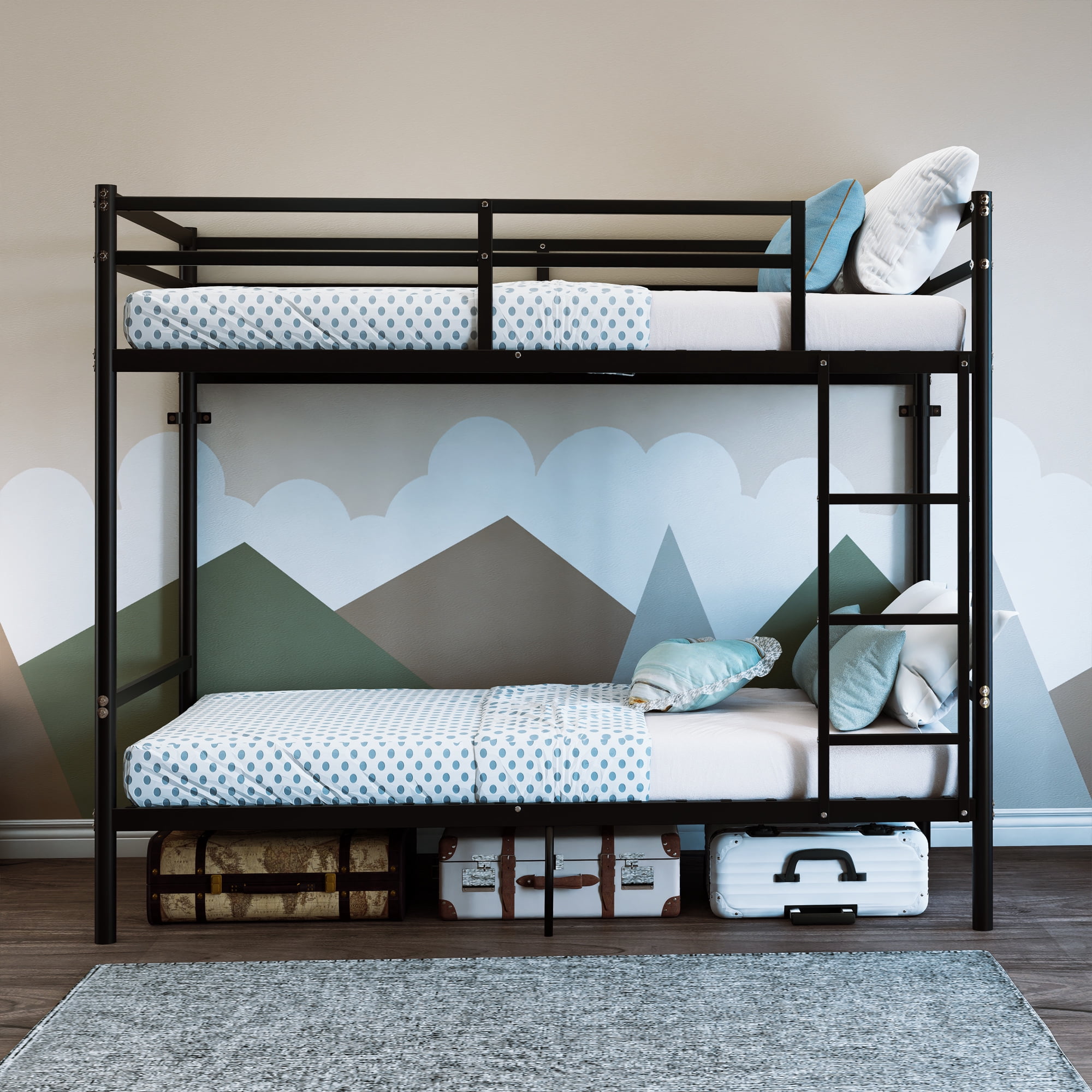 GARITIN Bunk Bed Twin over Twin with High Guardrails and 19 Slats, Space-Saving Metal Bed Frame and Heavy Duty Bunk Beds for Adults, Black