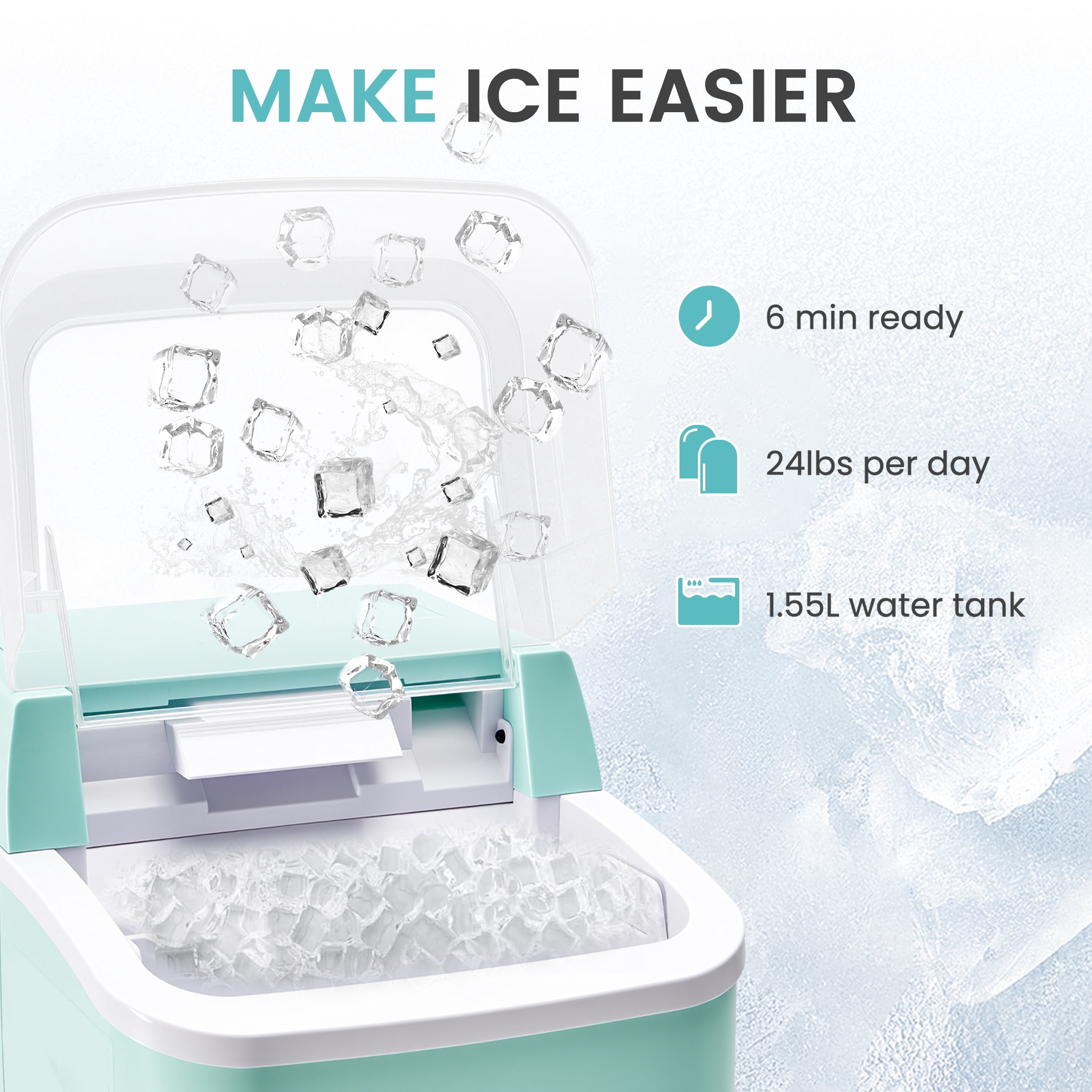 edx Nugget Ice Maker Countertop, 26 lbs/24H , Self-Cleaning Ice Maker , Includes Ice Scoop & 2.65 lbs Removable Basket, Green