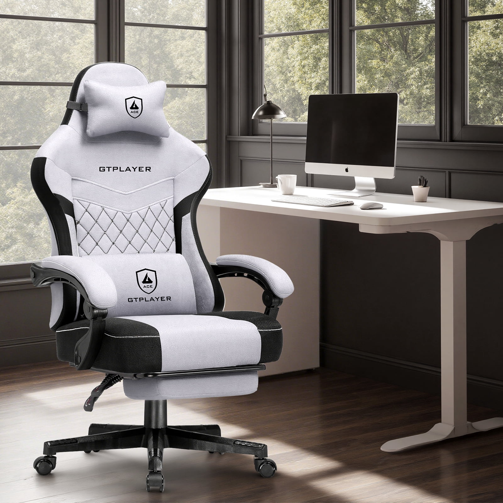 GTPLAYER Gaming Chair, Fabric Ergonomic Office Chair with Footrest and Lumbar Suppor for Adult, Blackgray