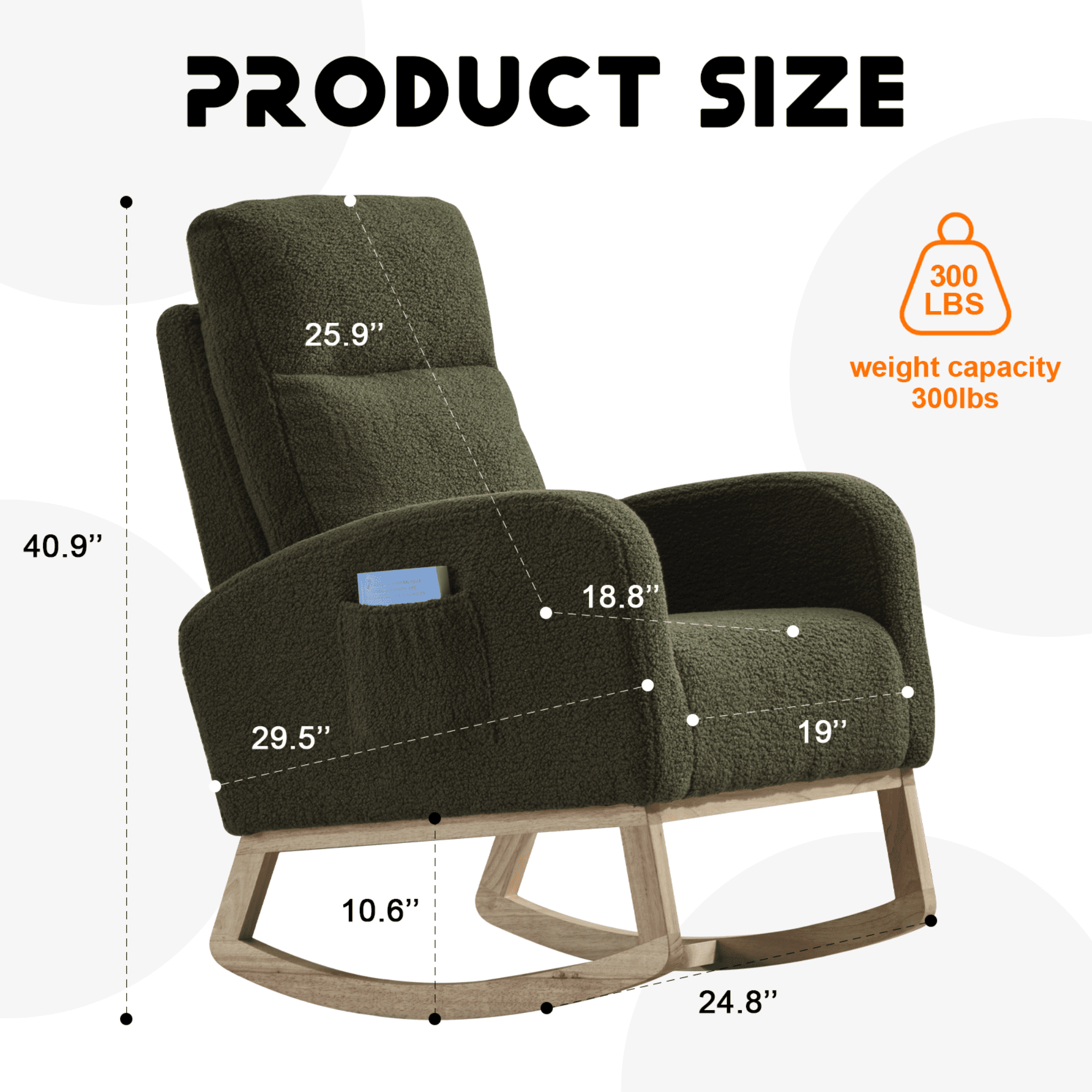 CARZZI LIFE Modern Nursery Rocking Chair, Teddy Upholstered Rocking Chair with Footrest, Comfortable Rocker Recliner with Side Pocket, Rocker Glider for Living Room, Bedroom, Nursing Room (Green)