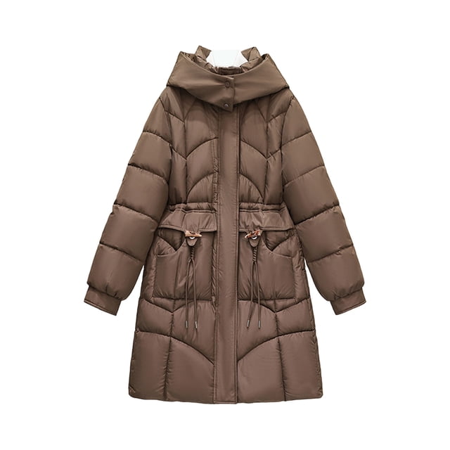 hoksml Women's Mid-Length Slim Fit Winter Coat Toggle Buttons Waisted Puffer Jacket Solid Color Classic Hooded Down Jacket