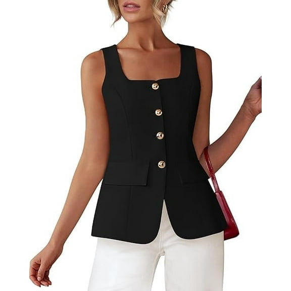 FreshPretty Womens Sleeveless Suit Vests Dressy Casual Square Neck Business Work Waistcoat Summer Button Up Blazer Vest Tops