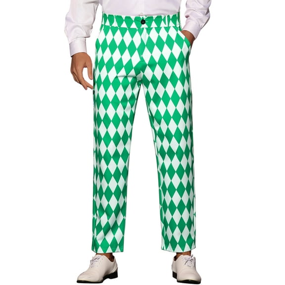 INSPIRE CHIC Argyle Printed Pants for Men's Regular Fit Flat Front Dress Trousers 28 Green White