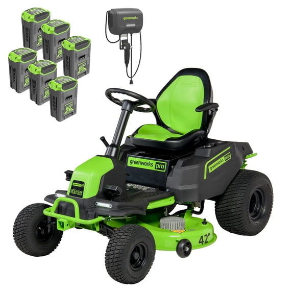 Greenworks 60V 42" Cordless Battery CrossoverT Riding Lawn Mower with Six (6) 8.0Ah Batteries & Three (3) Dual Port Turbo Chargers 7409002