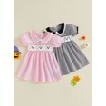 thumbnail image 3 of RUINIXCW Kids Toddler Baby Girl Halloween Dress Outfit Baby Little Girl Summer Fall Dress Ghost Embroidery Peter Pan Collar Short Sleeve Striped Dress, 3 of 9