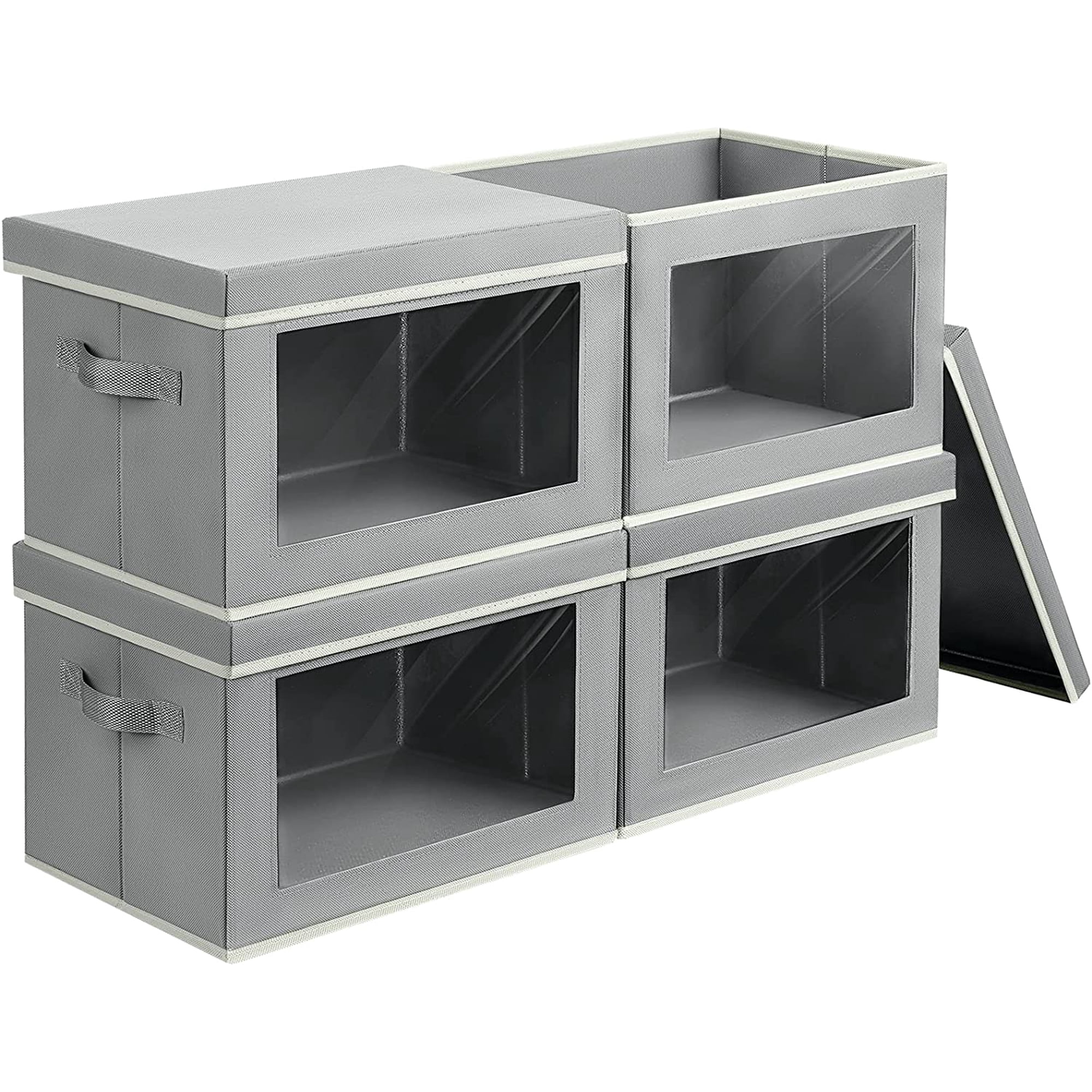 Storage Bins with Lids 4 Pack Large Grey Fabric Storage Cubes with Window and Handles Closet Organizer Boxes for Clothes Towels Books