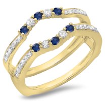 Dazzlingrock Collection 18K Round Blue Sapphire & White Diamond Wedding Band 5 Stone Enhancer Guard Ring, Yellow Gold, Size 8