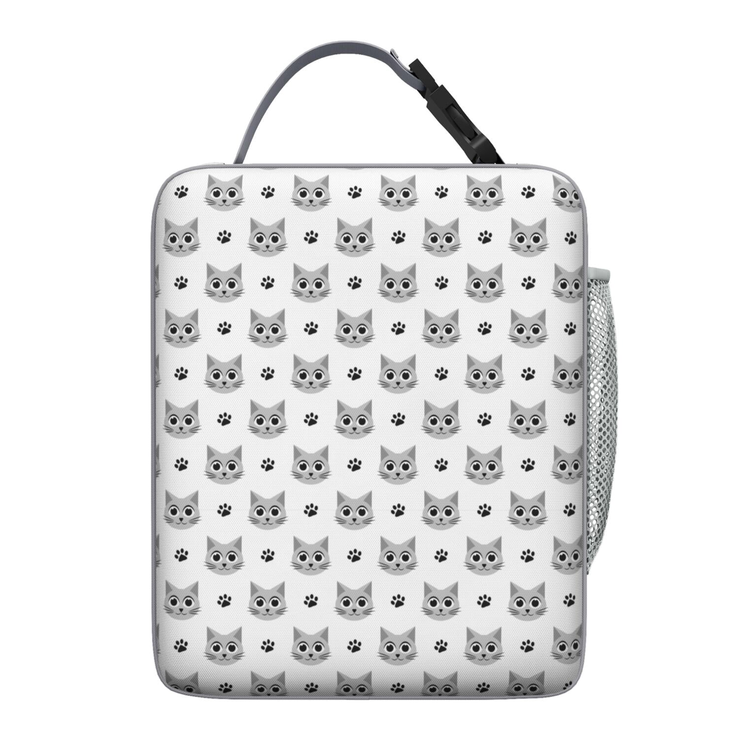 Hand-Drawn Cat Print Lunch Tote, Funny Cat Artwork with Paw and Flower Design, Watercolor Cat Print, Insulated Bento Cooler for Pet Lovers, School, Office