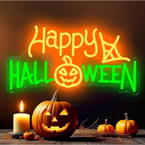 "Happy Halloween Neon Sign, LED Halloween Light Up D r Web Pumpkin Neon Signs for Wall Bedroom Home Bar Halloween Party D r Halloween Present for Trick or Treat Party Backdrop "