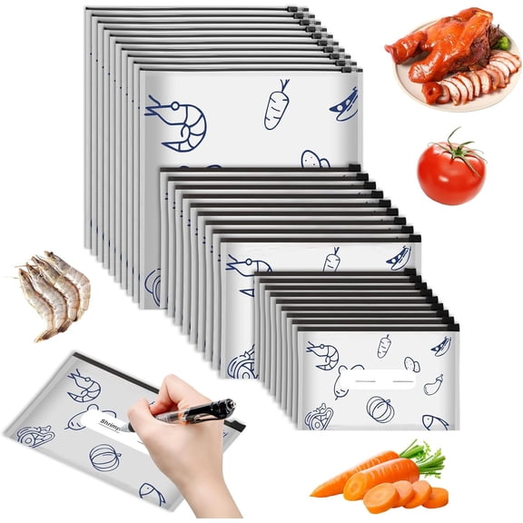 Reusable Aluminum Foil Sealable Storage Bags, Vacuum Zipper Pouches with Label and Stand Up Bottom Design, Leakproof Durable Food Storage Bags for Portioning Frozen Seafood