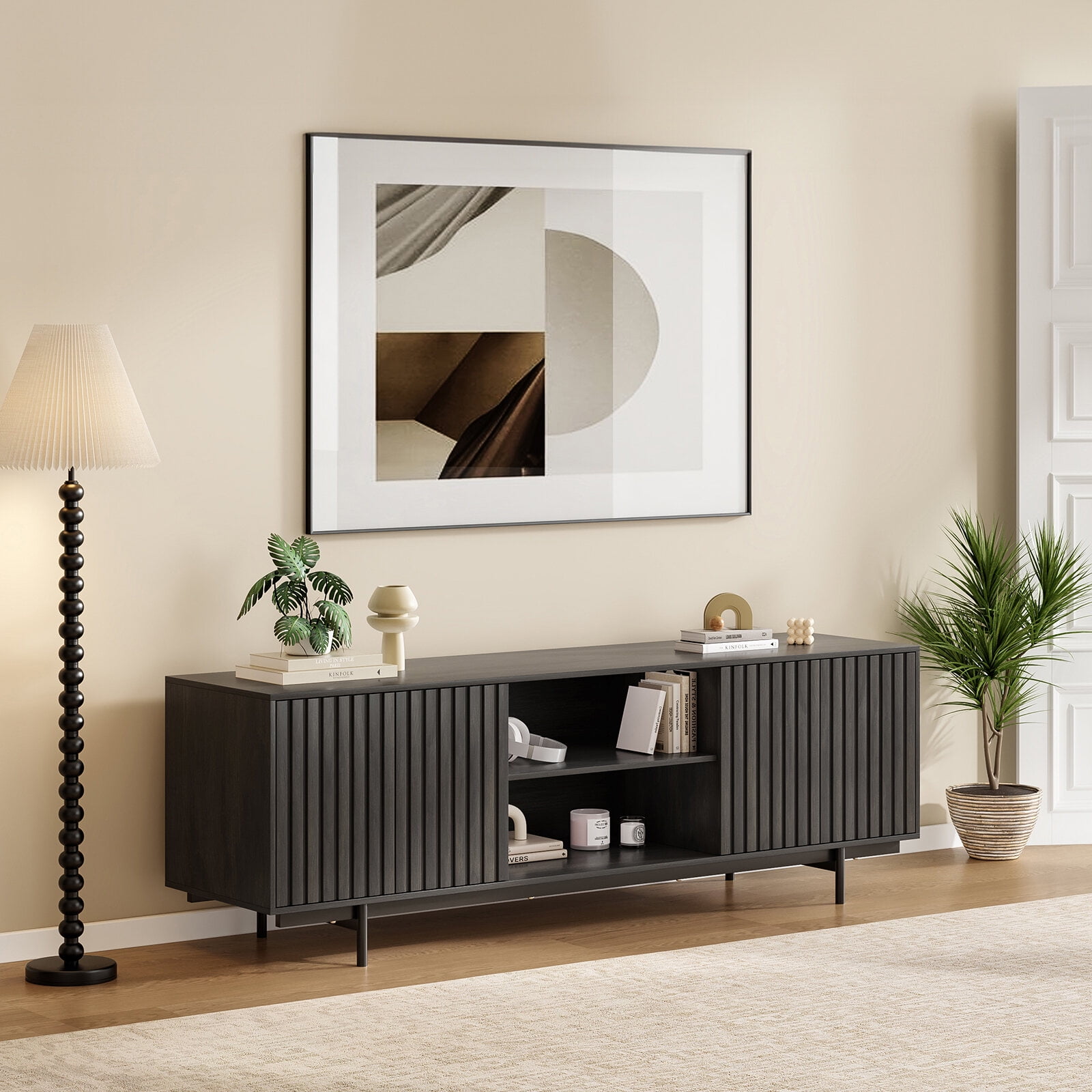 TV Stands With Storage Mid Century Modern TV Stand for TVs Up to 75", Farmhouse Fluted TV Stand, Retro Wood TV Stand with Storage and Shelf, Entertainment Center with Pop-Up Doors for Living Room, B